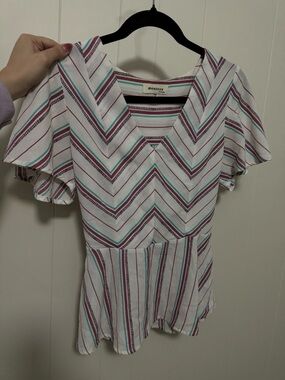 Monteau White V-Neck Tunic with Teal and Burgundy Stripes